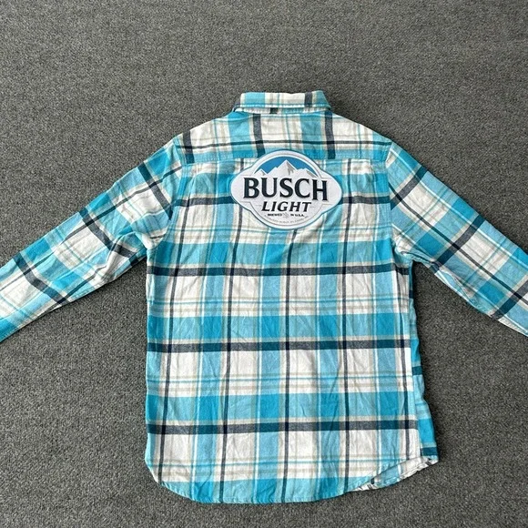 Busch Light Shirt Mens Medium Blue Plaid Flannel Angry Minnow Vintage Beer Logo - Picture 11 of 12